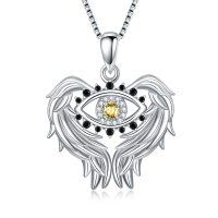 wholesale 925 Sterling Silver Angel Wing Evil Eye Pendant Necklace with Black and Yellow CZ Stones- Rhodium Plated