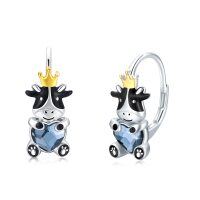 wholesale 925 Sterling Silver Crowned Cow Blue Heart Crystal Hoop Earrings for Women- Rhodium And Gold Plated