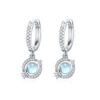 wholesale 925 Sterling Silver Round Blue Moonstone Star Drop Hoop Earrings for Women- Sliver Plated