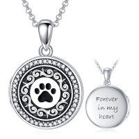 wholesale 925 Sterling Silver Round Dog Paw Print Pendant Necklaces with Engraved Message Forever in my heart for Women s- Rhodium Plated