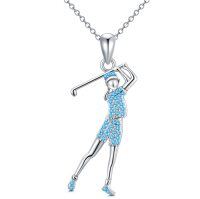 wholesale 925 Sterling Silver Blue Crystal Golfer Pendant Necklace for Women- Rhodium Plated