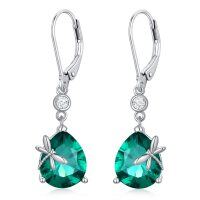 wholesale 925 Sterling Silver Green CZ Dragonfly Drop Earrings for Women- Rhodium Plated