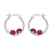 wholesale 925 Sterling Silver Red Ladybug Hoop Earrings for Women- Rhodium Plated