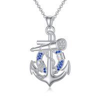 wholesale 925 Sterling Silver Blue Crystal Nautical Anchor Pendant Necklace for Women- Rhodium Plated