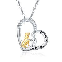 wholesale 925 Sterling Silver I Love You Forever Dog and Girl Heart Pendant Necklace for Women- Rhodium And Gold Plated