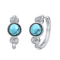 wholesale 925 Sterling Silver Turquoise Round Stone Spiral Design Huggie Earrings for Women Gifts- Sliver Plated