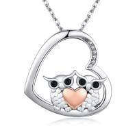 wholesale 925 Sterling Silver Heart-Shaped Owl Pendant Necklace with Cubic Zirconia and Rose Gold Accents for Women- Rhodium And Rose Gold Plated