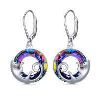 wholesale 925 Sterling Silver Rainbow Crystal Cat Dangle Earrings for Cat Lovers- Rhodium Plated