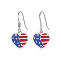 wholesale 925 Sterling Silver Heart-Shaped USA Flag Dangle Earrings for Women- Rhodium Plated