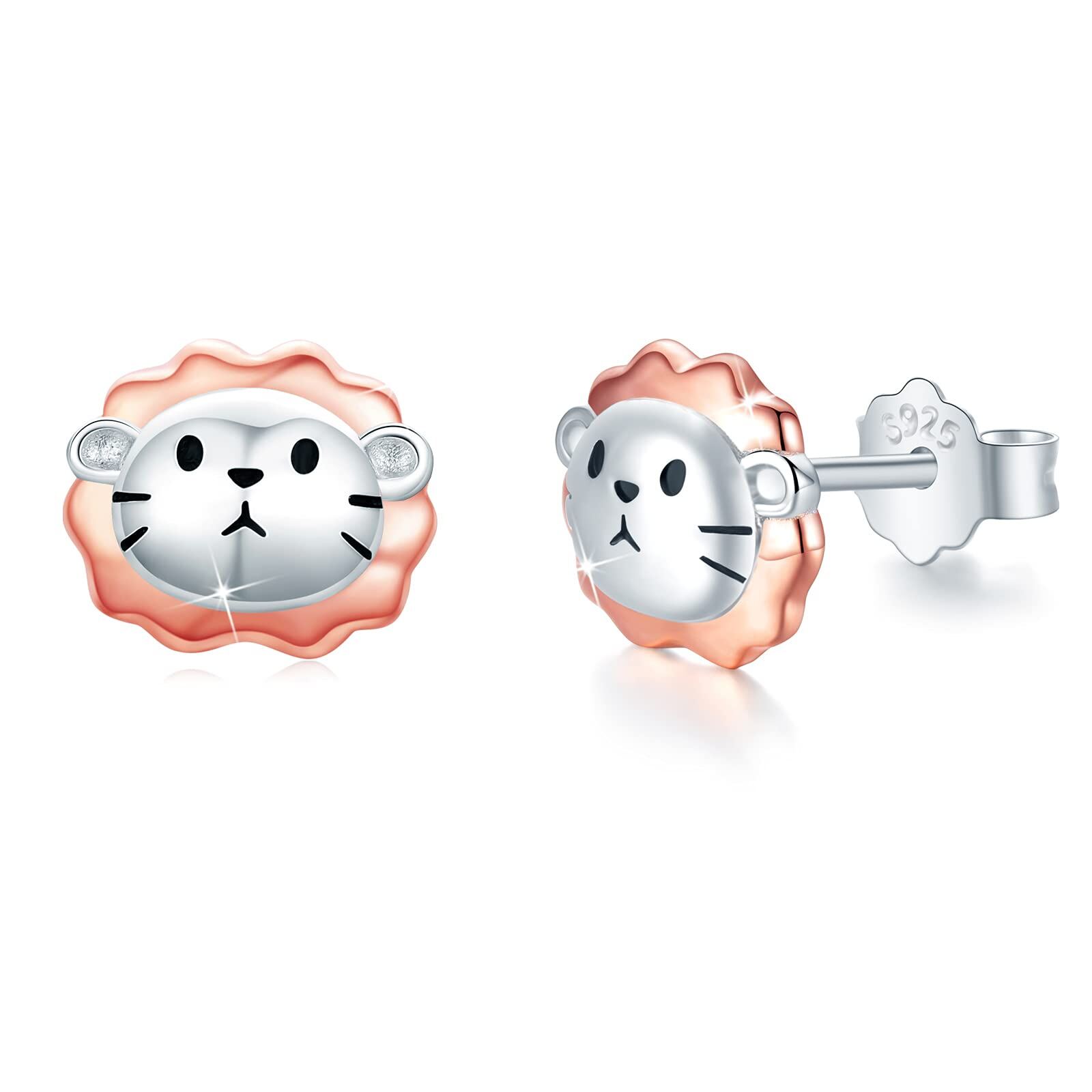 Sterling Silver Lion Earrings - Rhodium Plated- Rhodium Plated