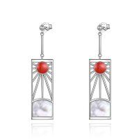 wholesale 925 Sterling Silver Mother of Pearl & Red Coral Sunburst Dangle Earrings for Women - Hypoallergenic s- Sliver Plated