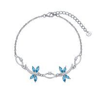 wholesale 925 Sterling Silver Blue & Purple Crystal Butterfly Charm Bracelet for Women and Teen Girls - Adjustable Size (6-8)- Rhodium Plated