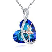 wholesale 925 Sterling Silver Blue Crystal Heart-Shaped Ballerina Pendant Necklace - Dance Lover's Gift for Her- Rhodium And Rose Gold Plated