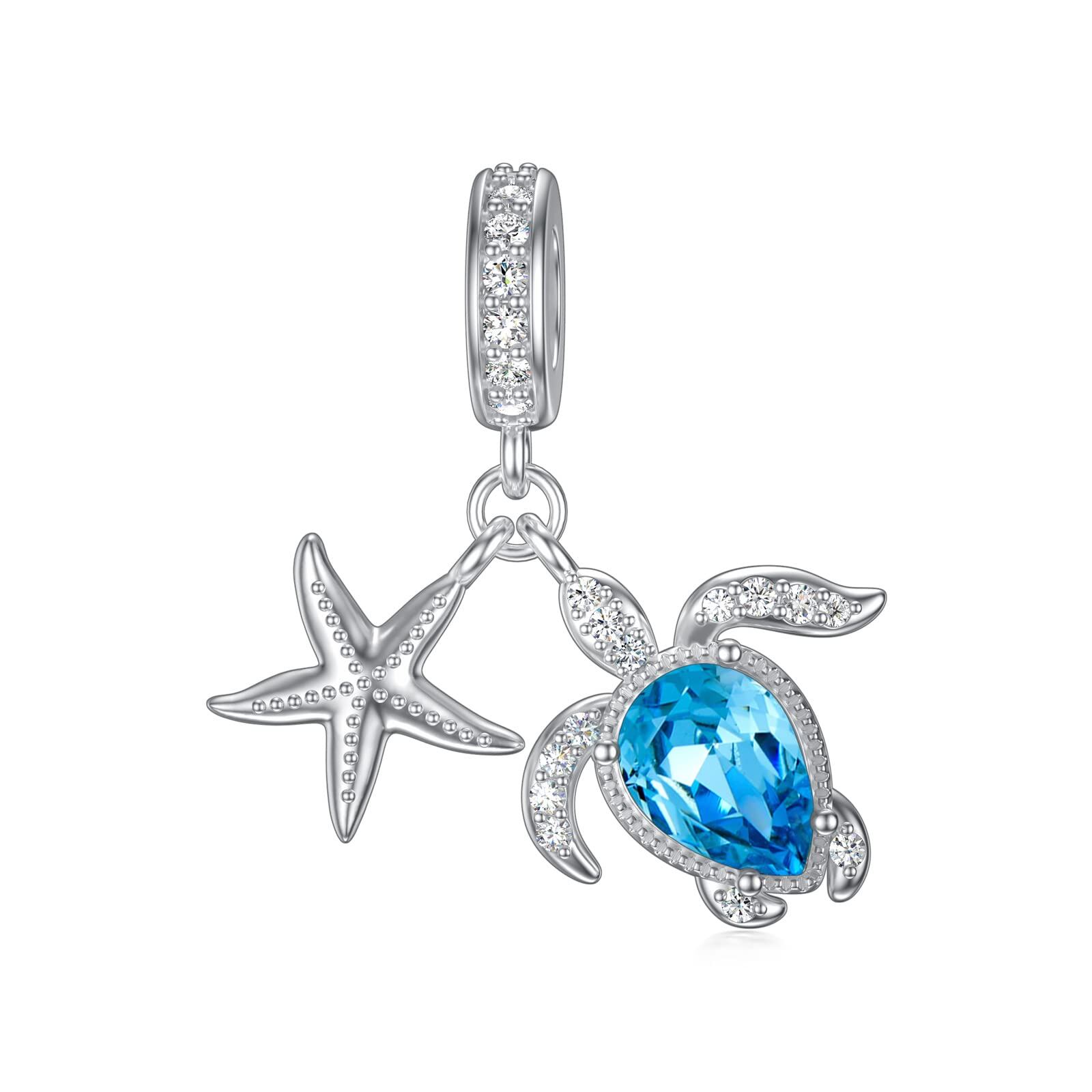 Sterling Silver Austrian Crystal Owl Sea Turtle Dangle Charm Beads for Bracelet Christmas Jewelry Gifts - Rhodium Plated- Rhodium Plated