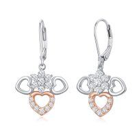 wholesale 925 Sterling Silver Heart-Shaped Dangle Earrings with Cubic Zirconia and Rose Gold Accents- rhodium