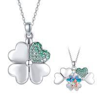 wholesale 925 Sterling Silver Green Crystal Heart & Photo Frame 4-Leaf Clover Pendant Necklaces for Women- Rhodium Plated