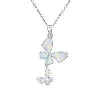 wholesale 925 Sterling Silver White Fire Opal Butterfly Pendant Necklace for Women- Sliver Plated
