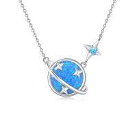 wholesale 925 Sterling Silver Blue Opal Planet & Stars Pendant Necklace for Women- Rhodium Plated