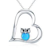 wholesale 925 Sterling Silver Blue Fire Opal Owl in Heart Pendant Necklace for Women- Rhodium Plated