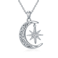 wholesale 925 Sterling Silver 925 Crescent Moon & Star CZ Pendant Necklace for Women- Rhodium Plated