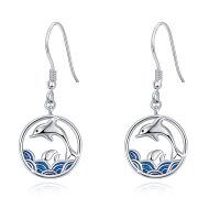 wholesale 925 Sterling Silver Dolphins in Circle Wave Design Dangle Earrings for Women- Rhodium Plated
