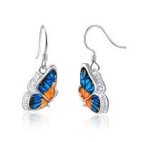 wholesale 925 Sterling Silver Blue & Orange Enamel Butterfly Dangle Earrings for Women- Rhodium Plated