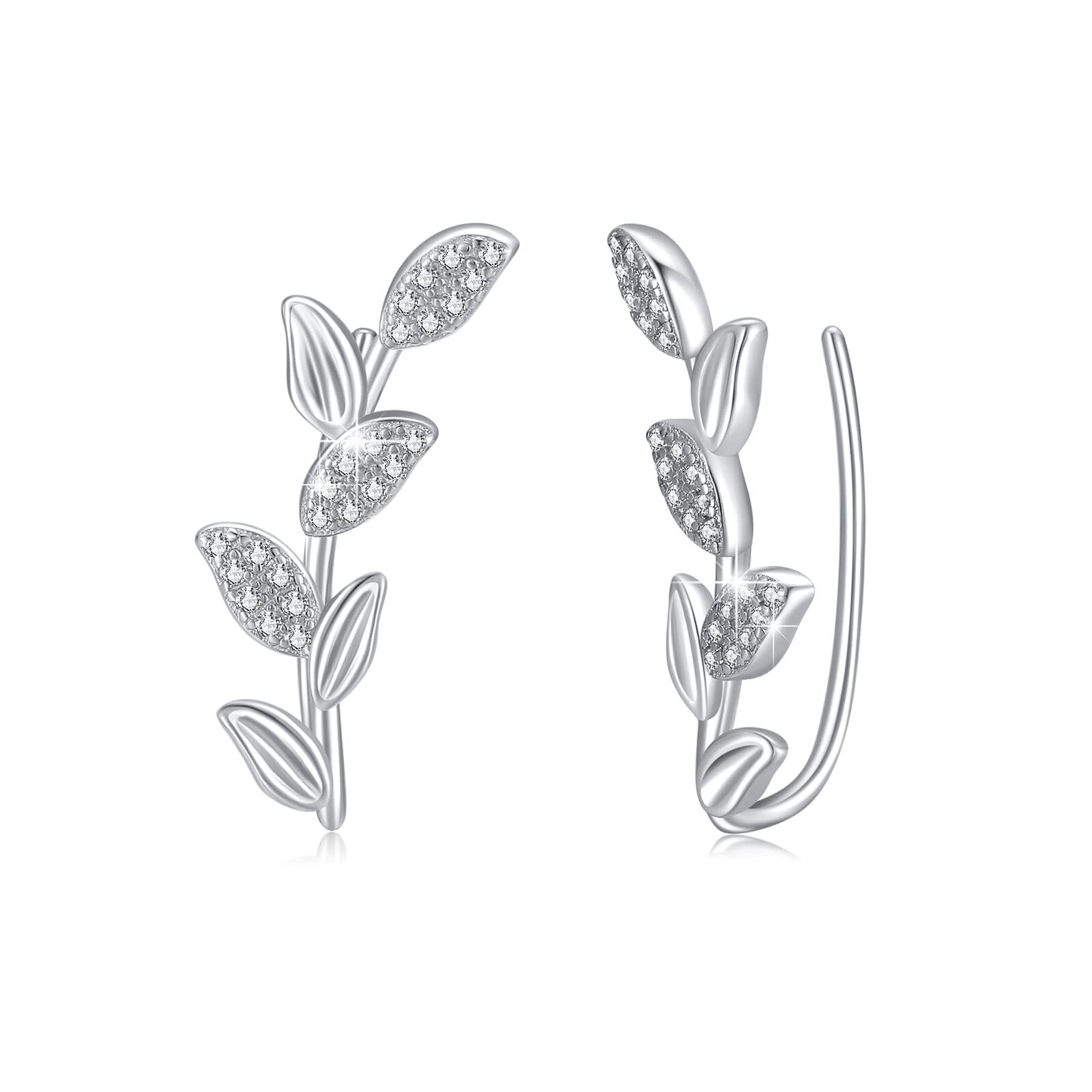 Sterling Silver Cubic Zirconia Star Earrings Cuff Wrap Climber Ear Pin for Women - Rhodium Plated- Rhodium Plated