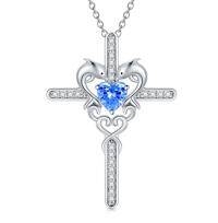 wholesale 925 Sterling Silver Blue Sapphire Cross Dolphins Pendant Necklace for Women - Rhodium Plated