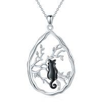 wholesale 925 Sterling Silver Tree of Life Black Cat Pendant Necklace Gifts for Women Girls Cats Lover Jewelry Accessories- Rhodium Plated