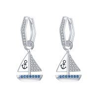 wholesale 925 Sterling Silver Sailboat with Blue Stones Dangle Earrings for Women- Rhodium Plated