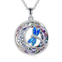 wholesale 925 Sterling Silver Blue Fire Opal Dragonfly Round Pendant Necklace for Women- Rhodium Plated