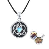 wholesale 925 Sterling Silver Celtic Heart Photo Locket Pendant with Leather Chain and Blue Crystal Centerpiece - Wholesale Jewelry for Women- Rhodium Plated