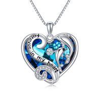 wholesale 925 Sterling Silver Dolphins in Blue Crystal Heart Pendant Necklace for Women- Rhodium Plated