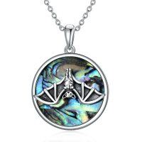 wholesale 925 Sterling Silver Round Abalone Shell Bat Skull Pendant Necklace- Oxidized/Oxidised