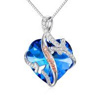 wholesale 925 Sterling Silver Blue Heart with Butterflies Pendant Necklace for Daughter- Rhodium And Rose Gold Plated