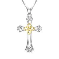 wholesale 925 Sterling Silver Celtic Heart Cross Pendant Necklace with Gold Accents and Cubic Zirconia Stones for Women- Rhodium And Gold Plated