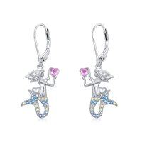wholesale 925 Sterling Silver 925 Multicolor Crystal Heart Mermaid Drop Earrings for Women- Rhodium Plated