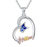 wholesale 925 Sterling Silver Blue Enamel Butterfly Mom Pendant Necklace for Women- rhodium