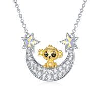 wholesale 925 Sterling Silver Gold Plated Monkey Crescent Moon Stars CZ Pendant Necklace for Women- Rhodium And Gold Plated