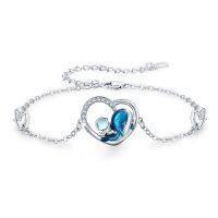 wholesale 925 Sterling Silver Blue Dolphin in Heart Charm Bracelet for Girls- Rhodium Plated