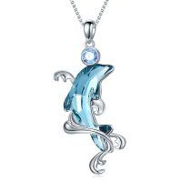 wholesale 925 Sterling Silver Blue Crystal Dolphin Pendant Necklace for Women- Rhodium Plated