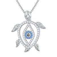 wholesale 925 Sterling Silver Sea Turtle Evil Eye Pendant Necklace with Blue Stones for Women- Rhodium Plated