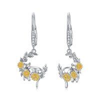 wholesale 925 Sterling Silver Cat & Sunflower Moon Dangle Earrings for Women- Rhodium And Gold Plated