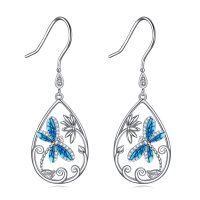 wholesale 925 Sterling Silver Blue Crystal Dragonfly Teardrop Dangle Earrings for Women- Rhodium Plated