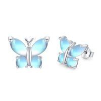 wholesale 925 Sterling Silver Blue Opal Butterfly Stud Earrings for Women- Rhodium Plated