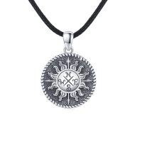 wholesale 925 Sterling Silver Sun Compass Necklace with Leather Cord - Graduation Gift for Him & Her- Oxidized/Oxidised