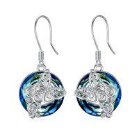 wholesale 925 Sterling Silver Round Blue Crystal Butterfly Drop Earrings- Rhodium Plated