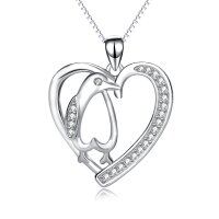wholesale 925 Sterling Silver Dolphin in Heart Pendant Necklace with CZ Stones for Women and Girls - 45 cm Chain Length- Sliver Plated