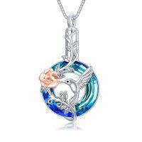 wholesale 925 Sterling Silver Blue Crystal Rose & Hummingbird Cremation Jewelry Keepsake Pendant Necklace for Ashes Memorial Gifts- rhodium
