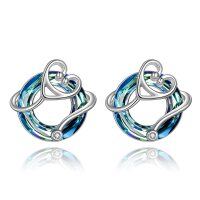 wholesale 925 Sterling Silver Heart-Shaped Blue Crystal Stud Earrings for Women- Rhodium Plated